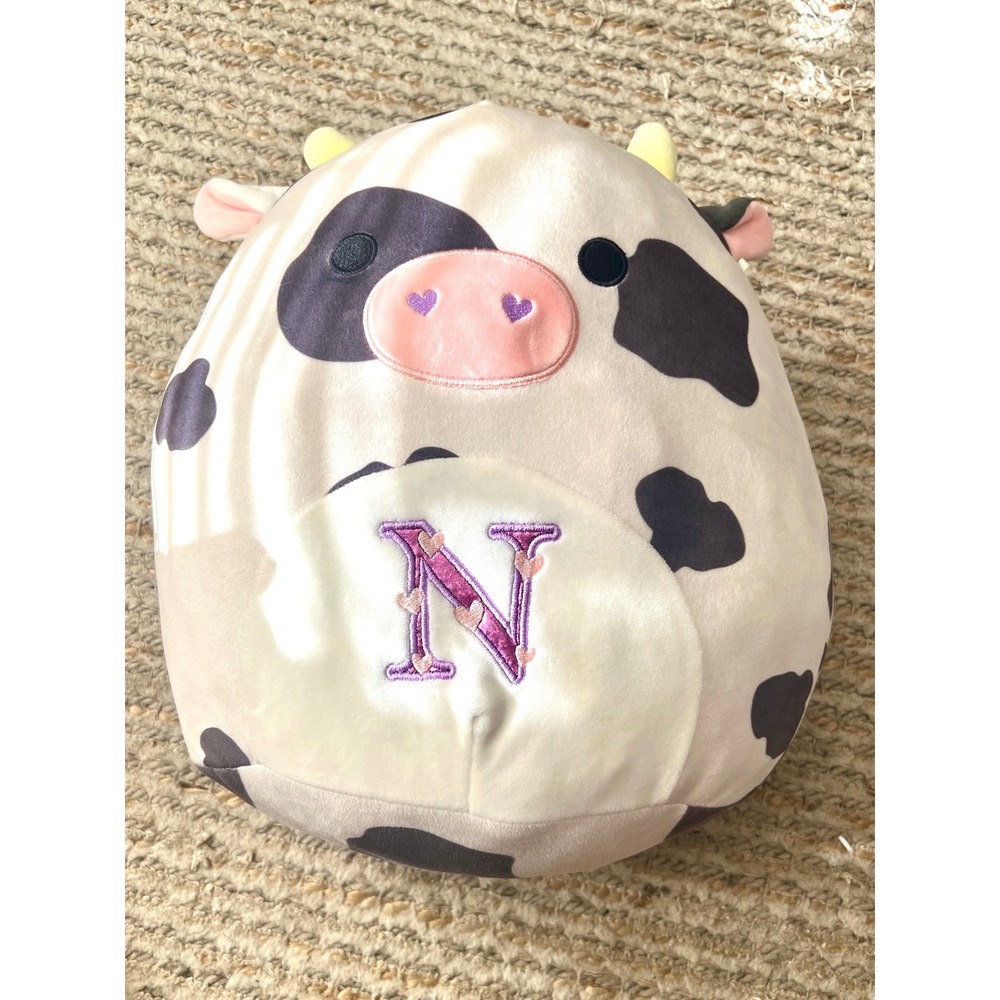 Personalized Cow Plush Stuffed Animal Black White Pink Embroidered Letter N Cute
